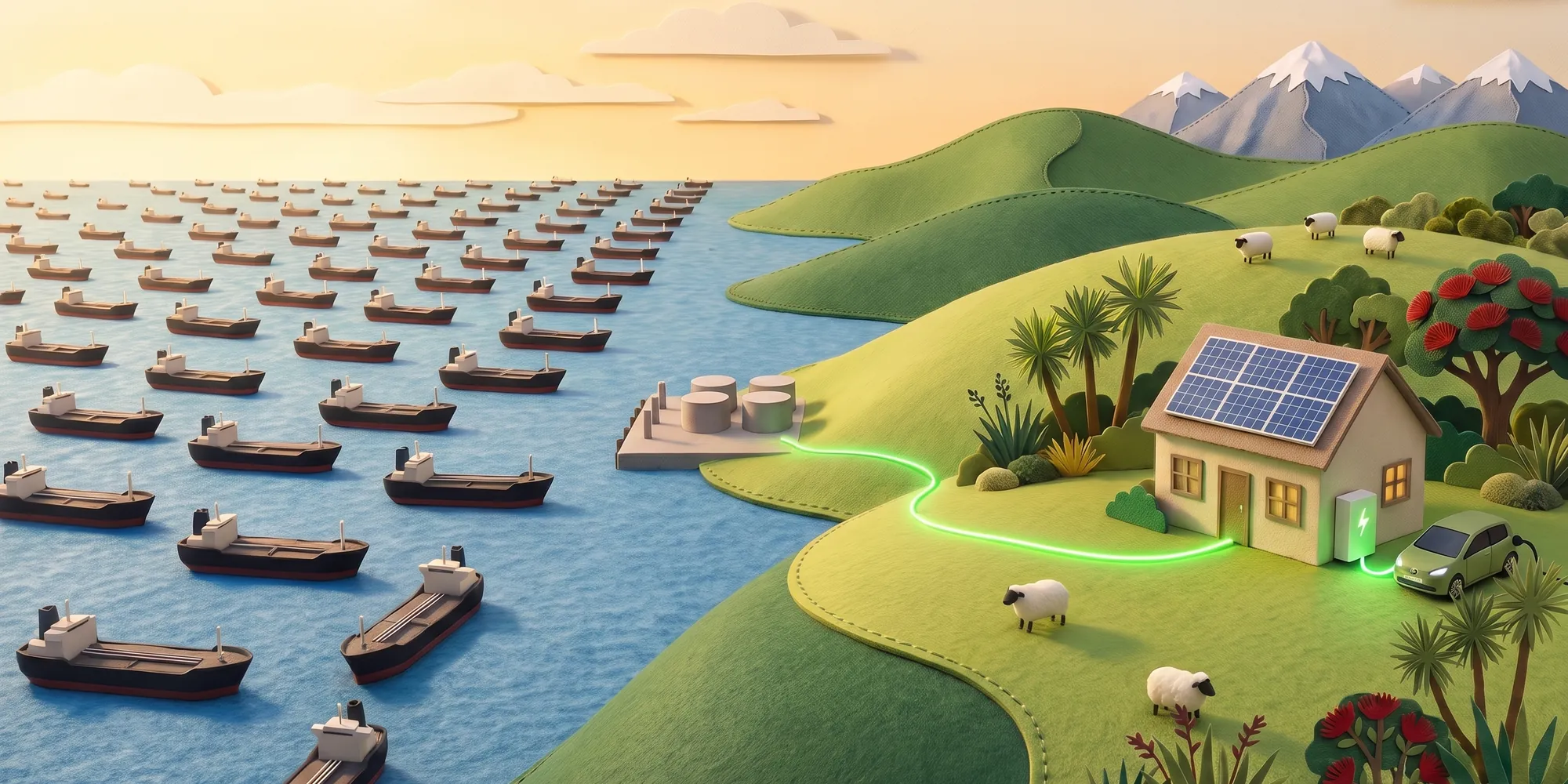 Felt and paper diorama split in two: on the left, an endless queue of small fuel tankers crossing the sea to a wharf; on the right, a single house with solar panels and an electric car charging on a green hill.
