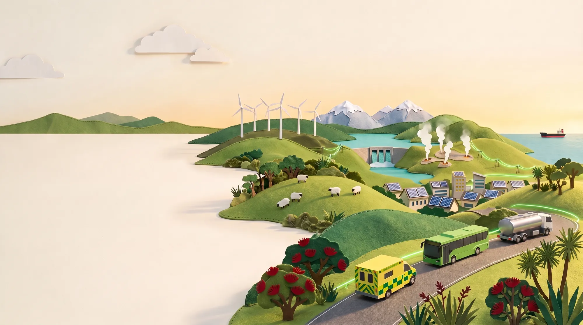 Felt and cut-paper diorama of a New Zealand town at golden hour: homes with solar roofs, an electric ambulance and electric bus on a winding road, geothermal steam, hills and mountains behind, and a lone fuel tanker far out at sea.