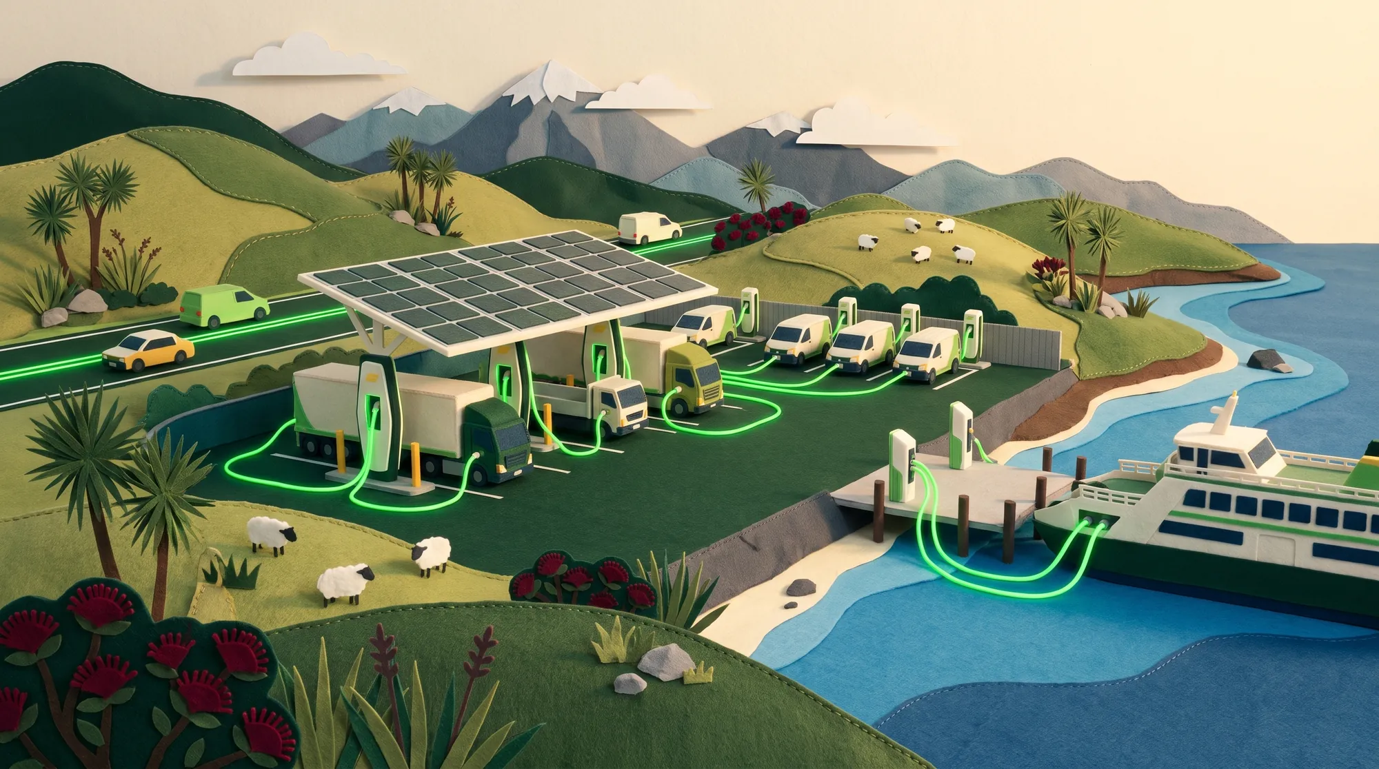 Felt and paper diorama of a solar-canopied charging hub beside a highway, with electric trucks and vans plugged in and an electric ferry charging at a nearby wharf.