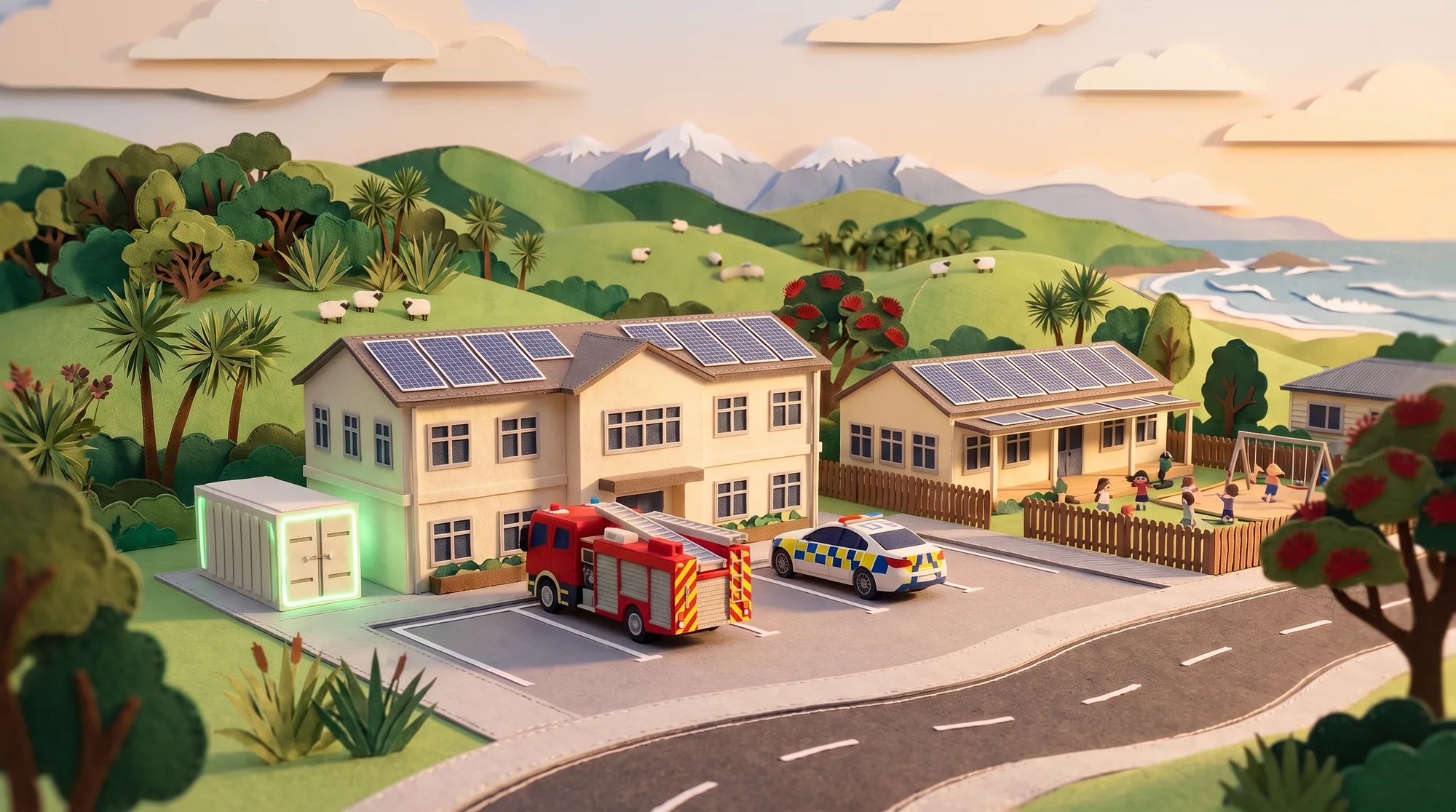 Felt and paper diorama of a hospital and a school with solar roofs and a glowing battery unit beside them, with an electric fire truck and police car on the road out front.
