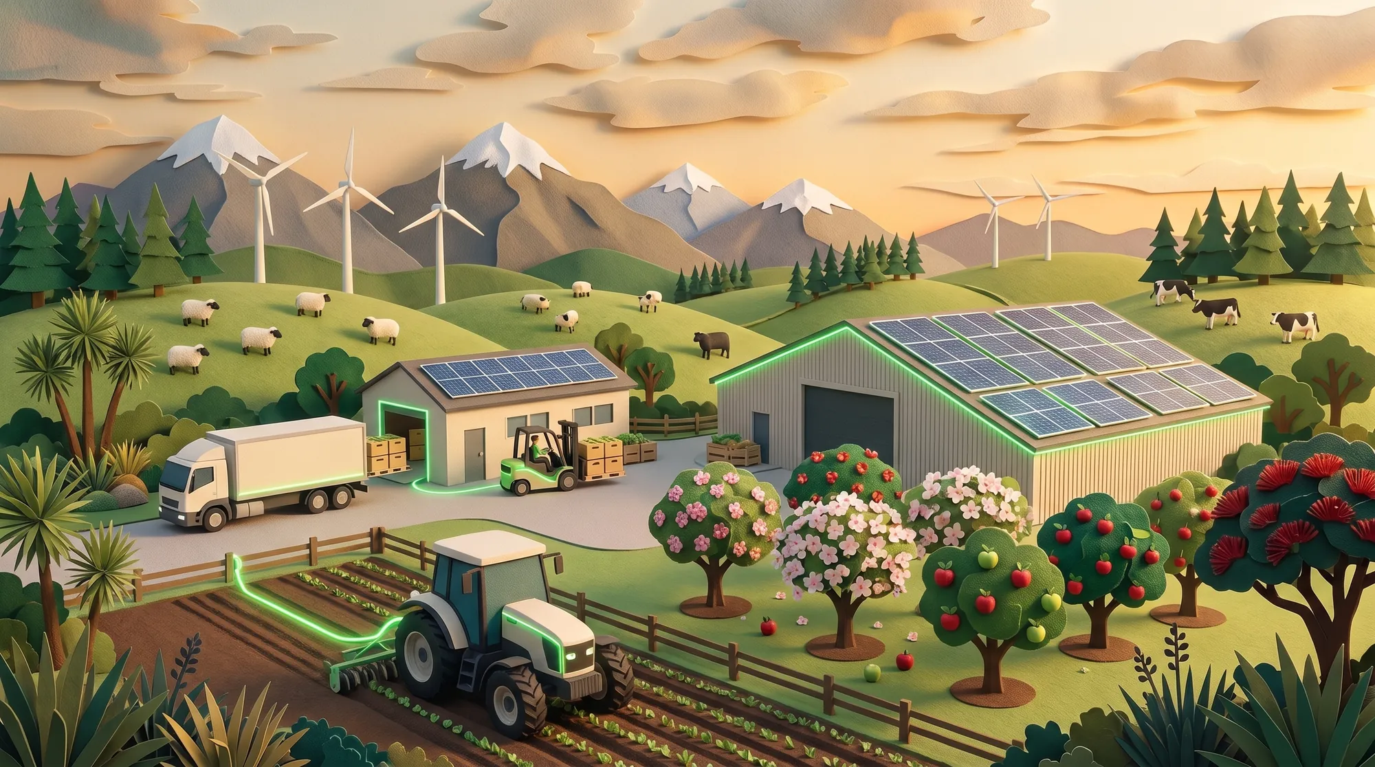 Felt and paper diorama of an electric tractor working an orchard, a packhouse with a solar roof, and a delivery truck loading produce, with wind turbines on the hills behind.