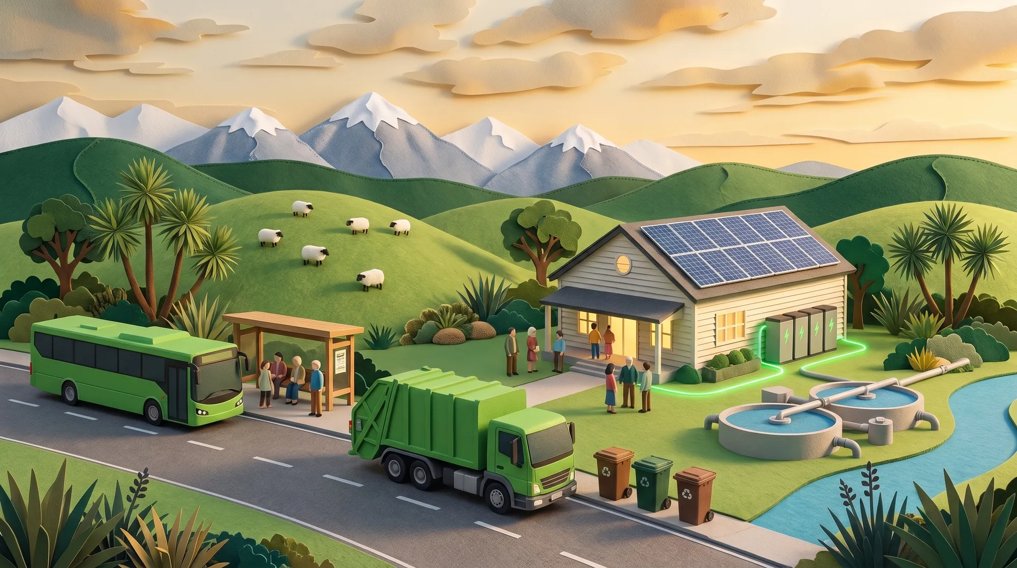 Felt and paper diorama of an electric bus at a stop, a community hall with solar panels, an electric rubbish truck, and a water treatment plant beside a river.