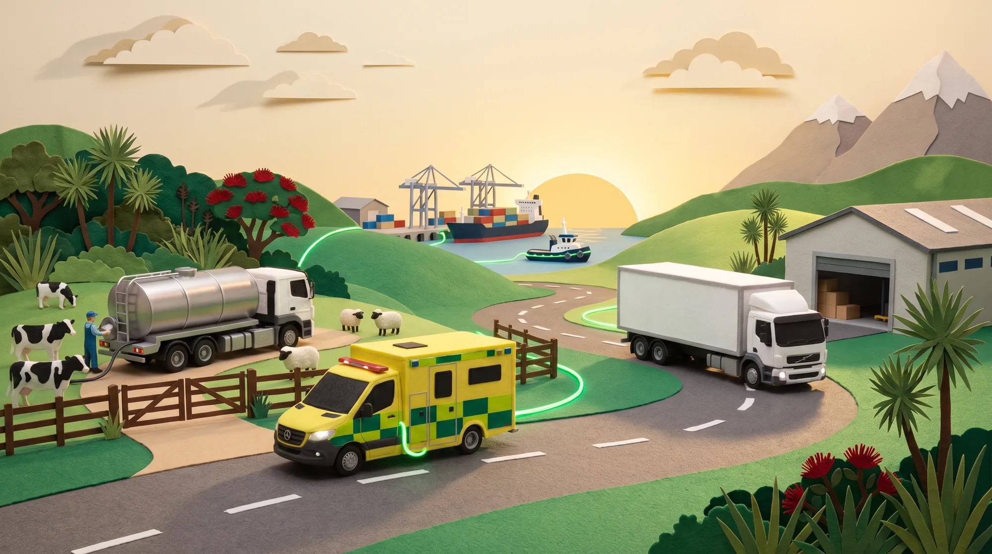 Felt and paper diorama of an electric ambulance on a country road, a milk tanker beside a dairy farm, a delivery truck at a distribution shed, and port cranes and ships behind.