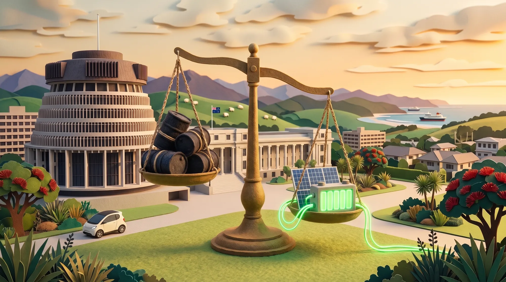 Felt and paper diorama of brass balance scales in front of the Beehive and Parliament Buildings, fuel barrels on one pan and a glowing battery on the other.