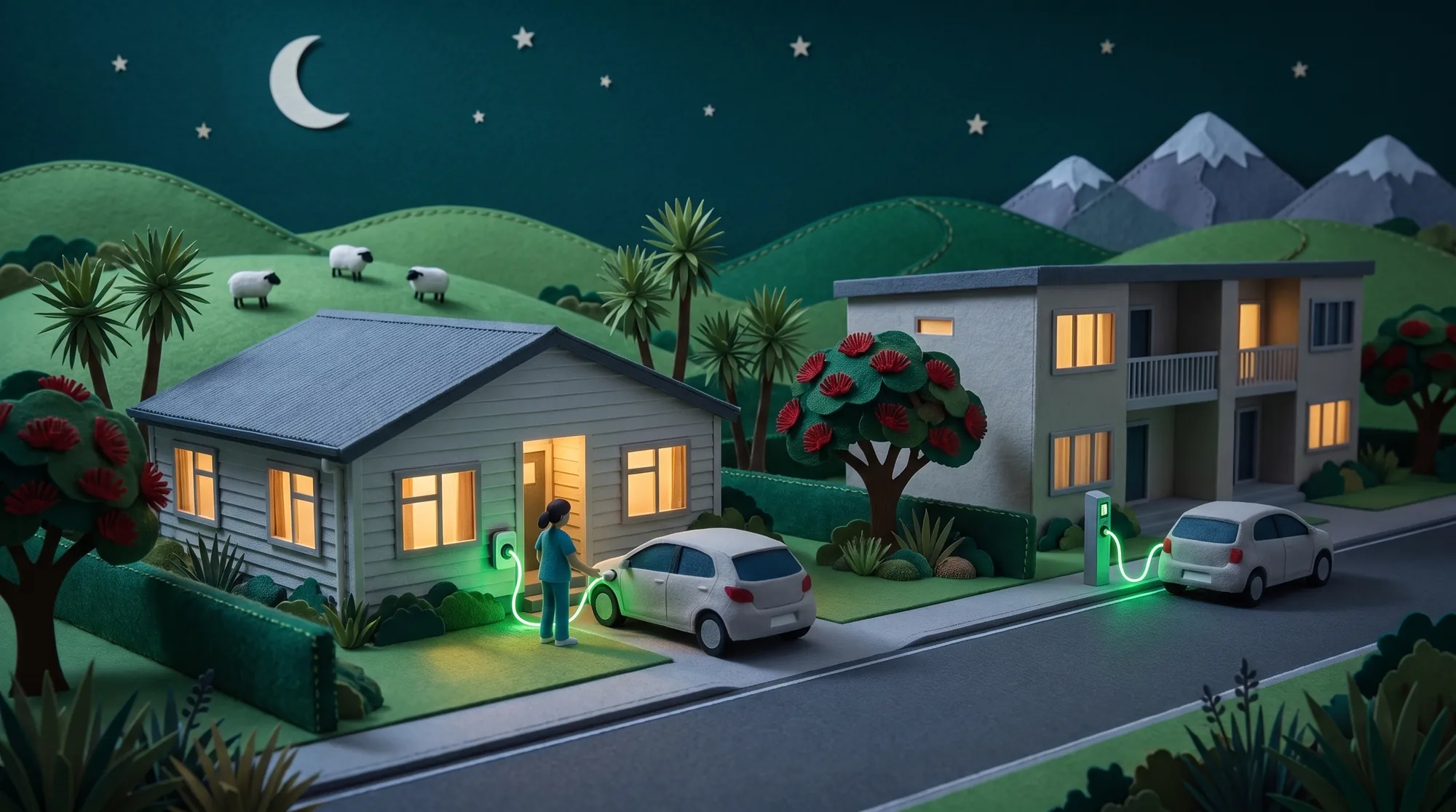 Felt and paper diorama at night of a health worker in scrubs plugging an electric car into a charger outside a modest house, with an apartment block and another charging car next door.