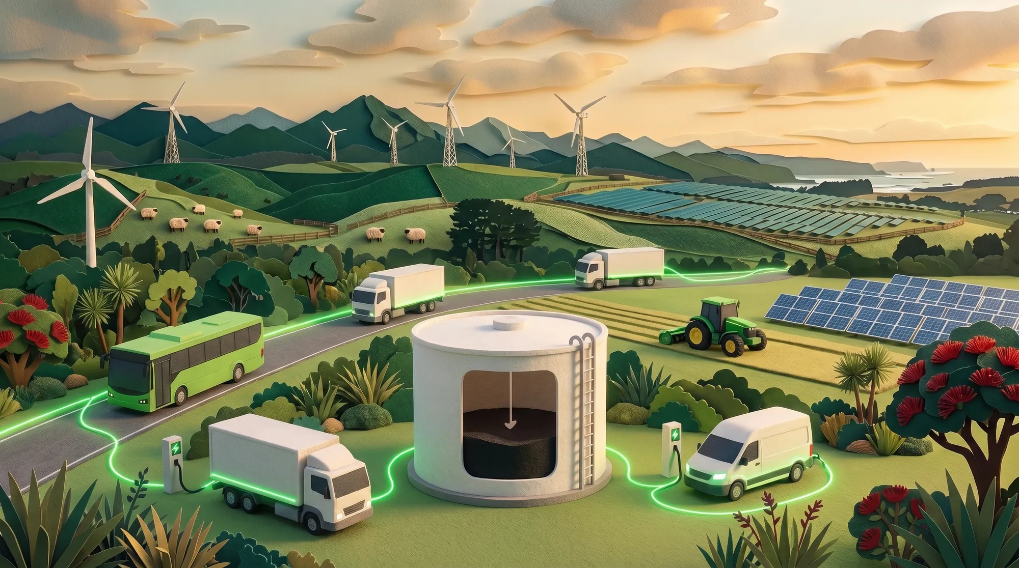 Felt and paper diorama of a fuel storage tank shown in cutaway, only partly full, surrounded by electric buses, trucks and vans charging from nearby solar farms and wind turbines.