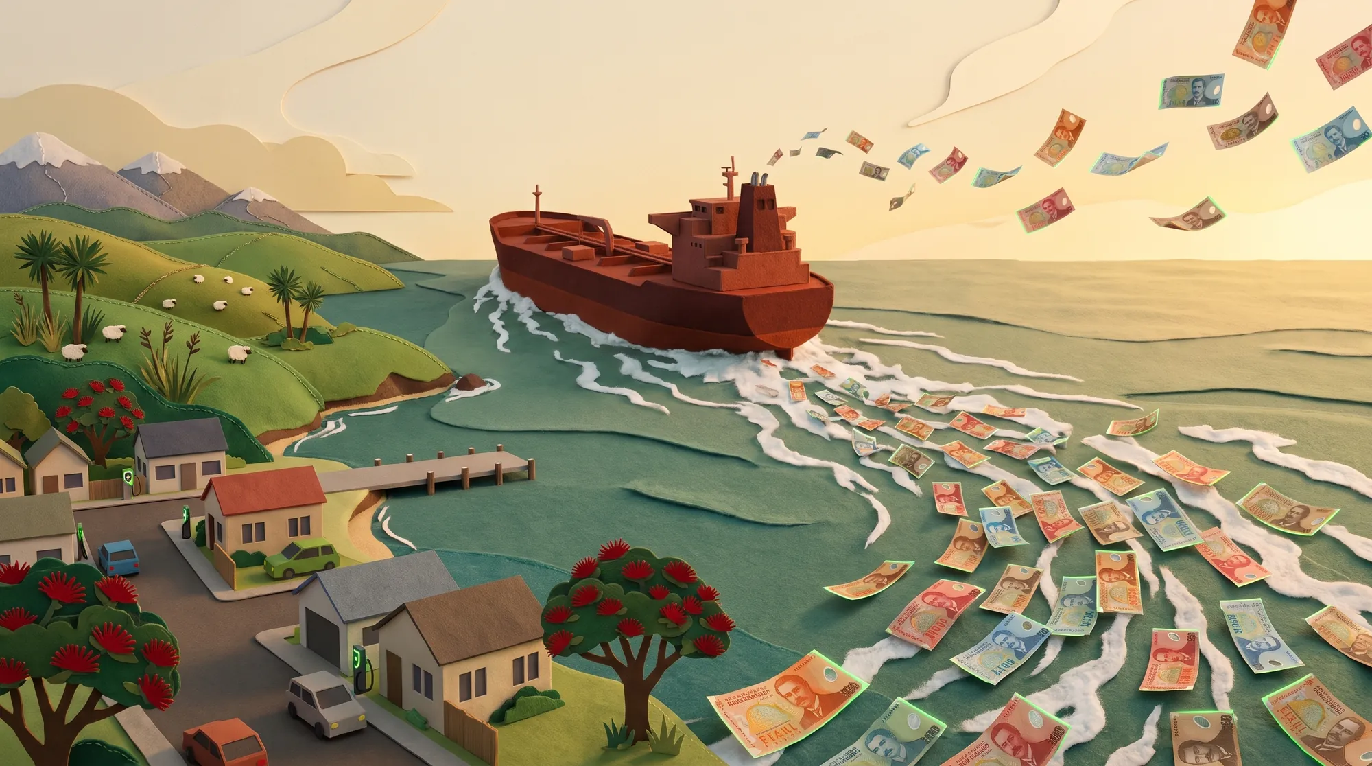 Felt and paper diorama of a red fuel tanker sailing away from a small New Zealand coastal town, with a trail of banknotes streaming off the water and into the sky behind it.